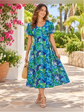 Primavera Blue & Green Tropical-Print Midi Dress Size S Vintage Resortwear